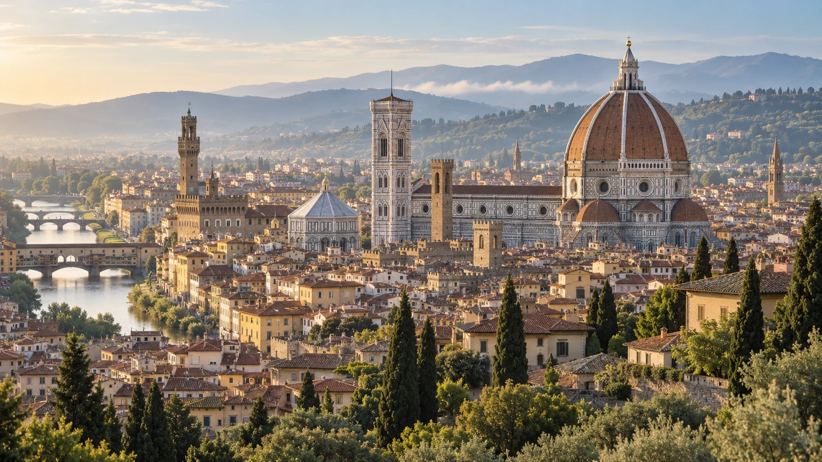 Editorial illustration of Florence’s terracotta cathedral dome above the city rooftops